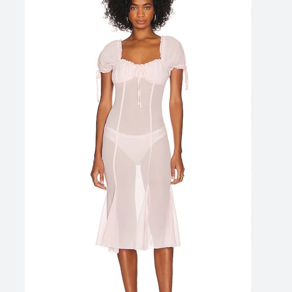 LOBA sheer Pink Midi Dress April Pastel Pink puff sleeves lingerie Revolve S